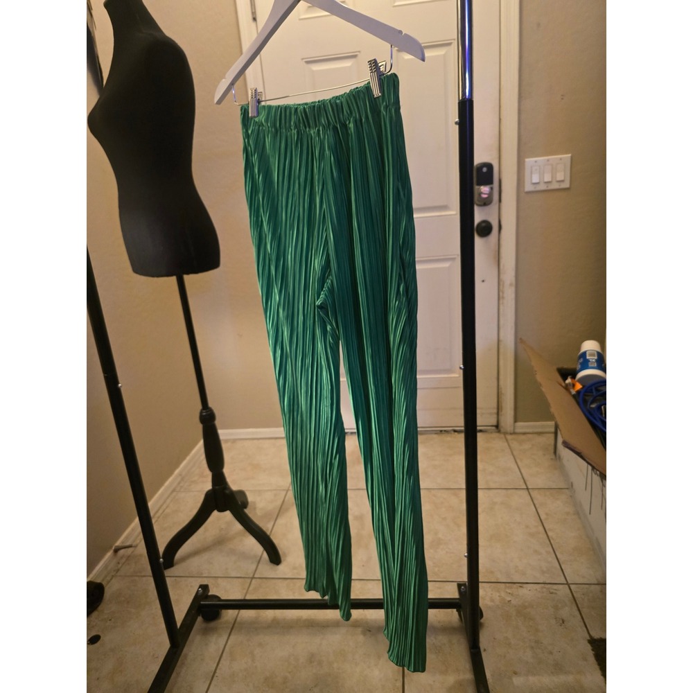 Emerald Green Satin Micro Pleated Palazzo Pants Elastic Waist Flowy